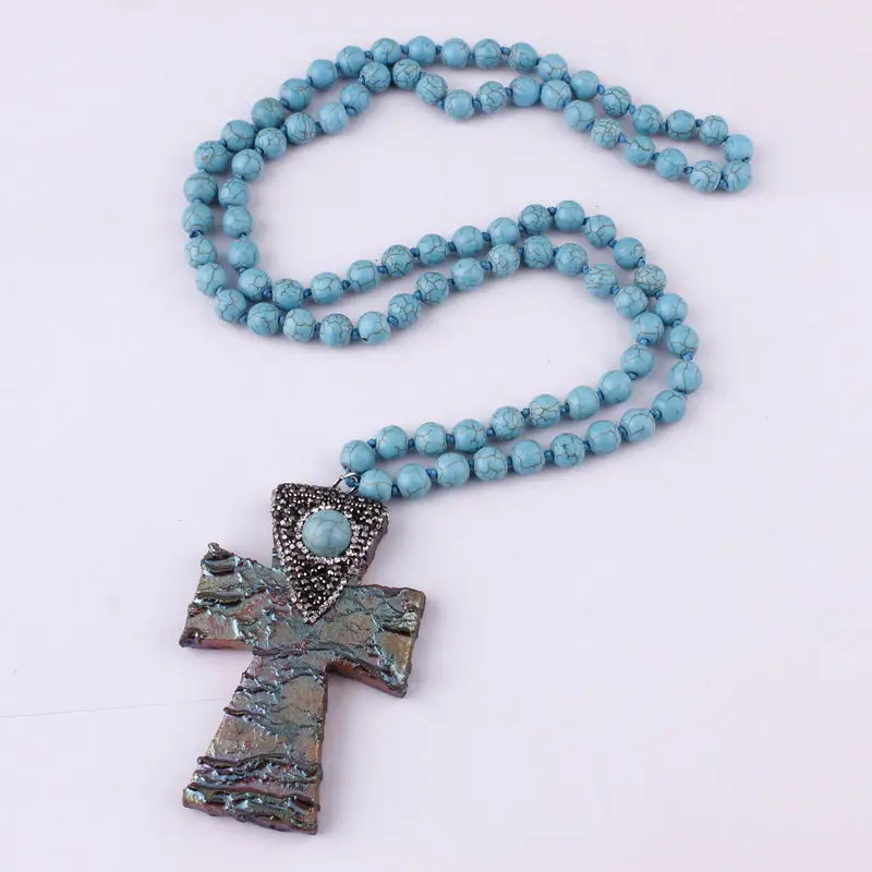 ZWPON этнический камень лавы бусины крест ожерелье с подвеской в форме рога для женщин узел длинное из натурального камня массивное ожерелье бык Череп - Окраска металла: Turquoise Cross