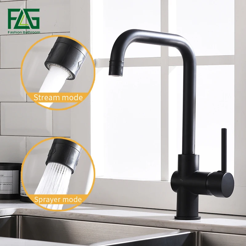 

FLG Kitchen Faucets 360 Swivel 2 Function Water Outlet Mixer Black Brass Sinks Faucet Cold Hot Mixer Water Tap 1012-33B