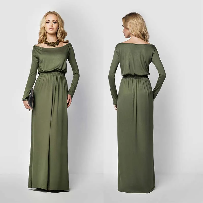 (S 4XL)Dress solid full length casual party pleated boat neck long