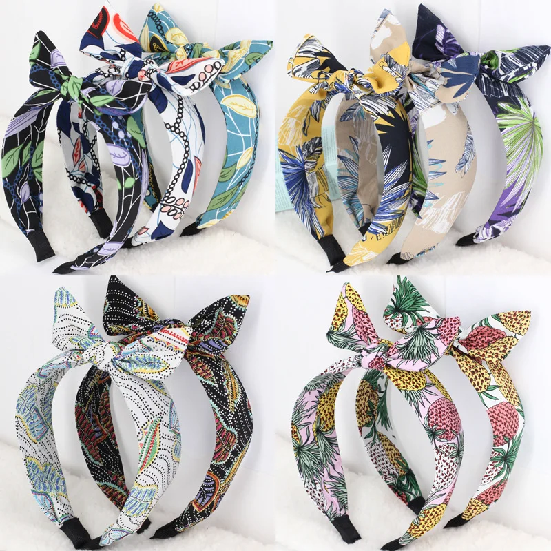

Sweet pineapple Rabbit ear hair bands hoop Retro Print Flower hair ornament Fashion bowknot headbands hair accessories for women