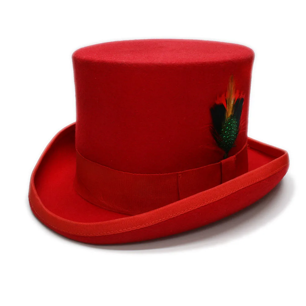 LUCKYLIANJI большой размер Настоящее перо Викторианский формальный шерстяной фетр классический элегантный английский Mad Hatter выстроились топ шляпа(высота: 5.31in - Цвет: Красный