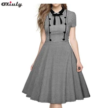 Oxiuly Plus Size 4XL 5XL Vintage Dress A-line Style Women Gingham Swing Gown Bow Plaid Print Dresses Slim Feminino vintage style flower print swing dress