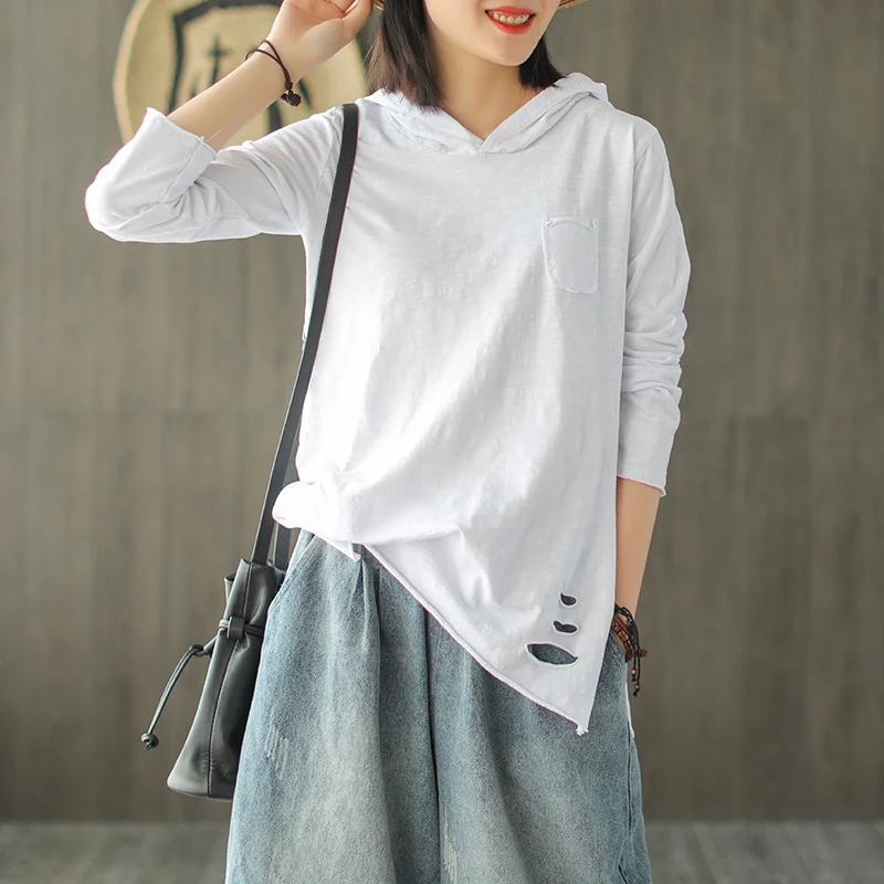 

Johnature 2019 Spring New Cotton T-Shirts Hooded Long Sleeve Solid Color Women Cloths Casual Soft Vintage T-Shirt For Women