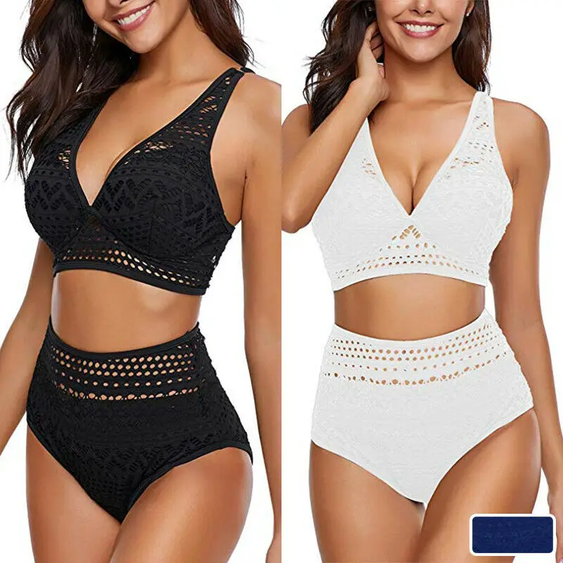 

2019 Women Lace High Waisted Bikini Set Padded Push Up Swimwear Sexy Hollow Swimsuit Female Solid Color Bathing Suit Beachwear