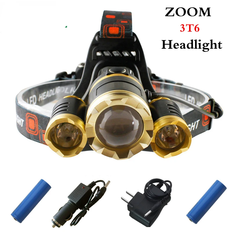 White light 10000 lumens 3T6 LED Headlamp headlights CREE XML T6 front head lamp 18650 Rechargeable