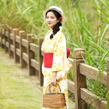

Yellow Floral Japanese Girl Elegant Dress Cospaly Costume Traditional Kimono Yukata With Obi Novelty Women Stage Show Clothes