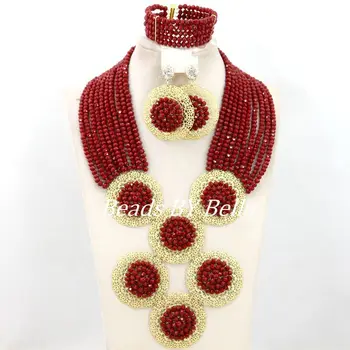 

Hot Burgundy Red Nigerian Wedding Beads African Bridal Jewelry Set Crystal Beads Necklace Set Free Shipping ABY801
