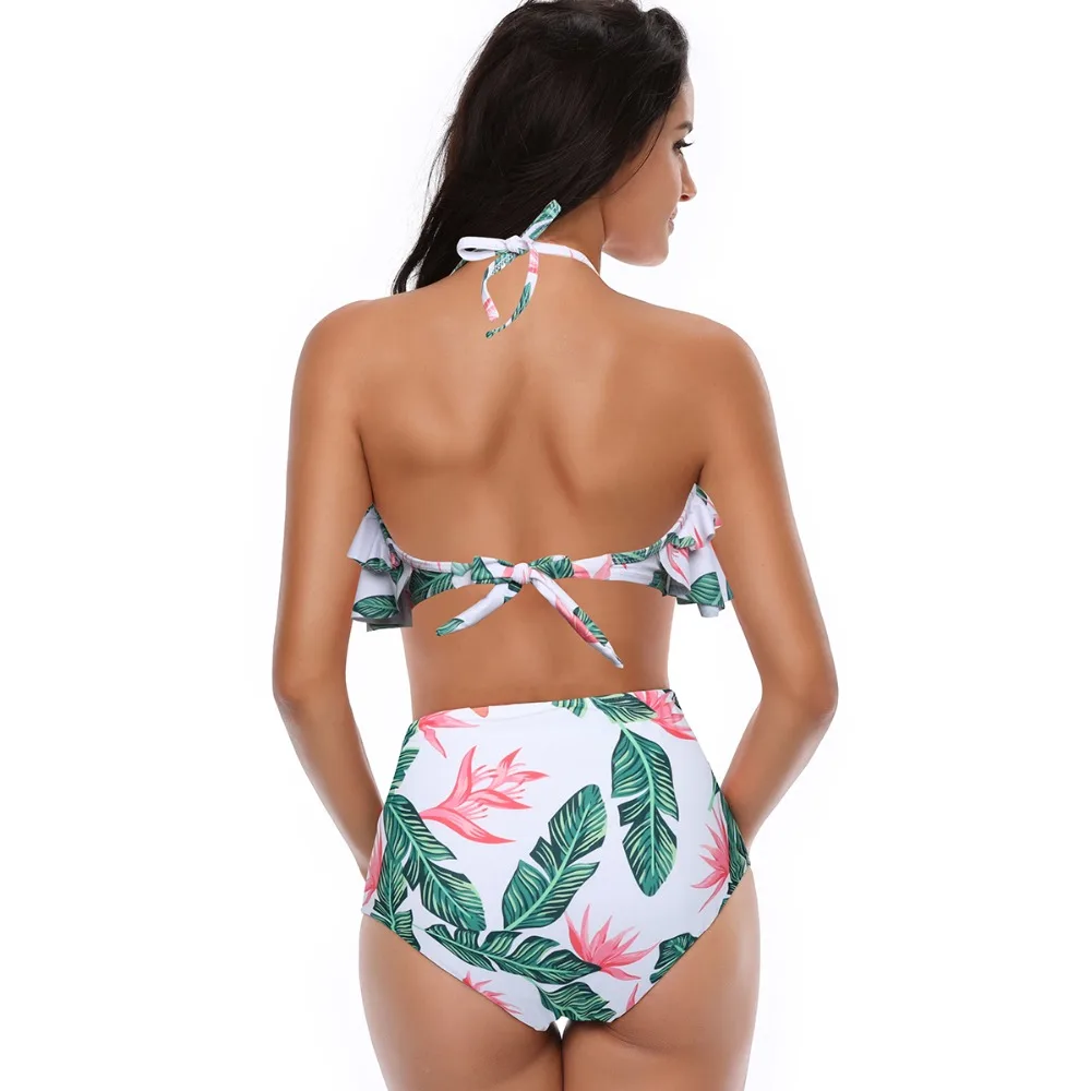 Green Leaf Ruffle High Waist Woman Swimsuit 2019 Summer Swimwear Bikinis Bather Suit Push Up Tankini Swimsuit Fused For Girls 3