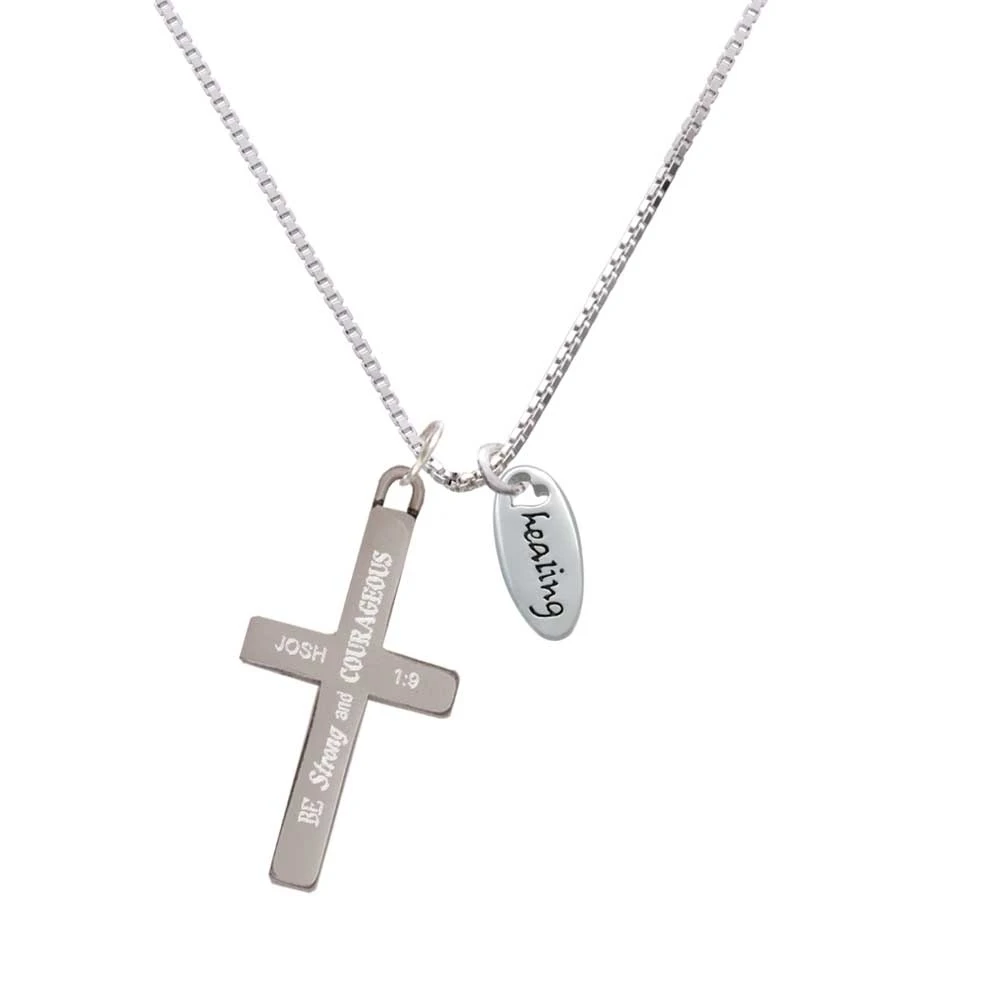 Healing Oval with Cutout Heart - Strong and Courageous - Cross Necklace