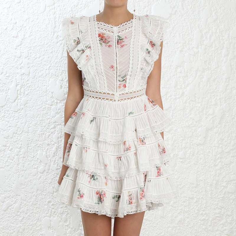 

Floral Print Dress 2019 Summer Lace Tiered Cotton Dress Women Luxury Party Dress Female Petal Sleeve Ruffle short mini Dress
