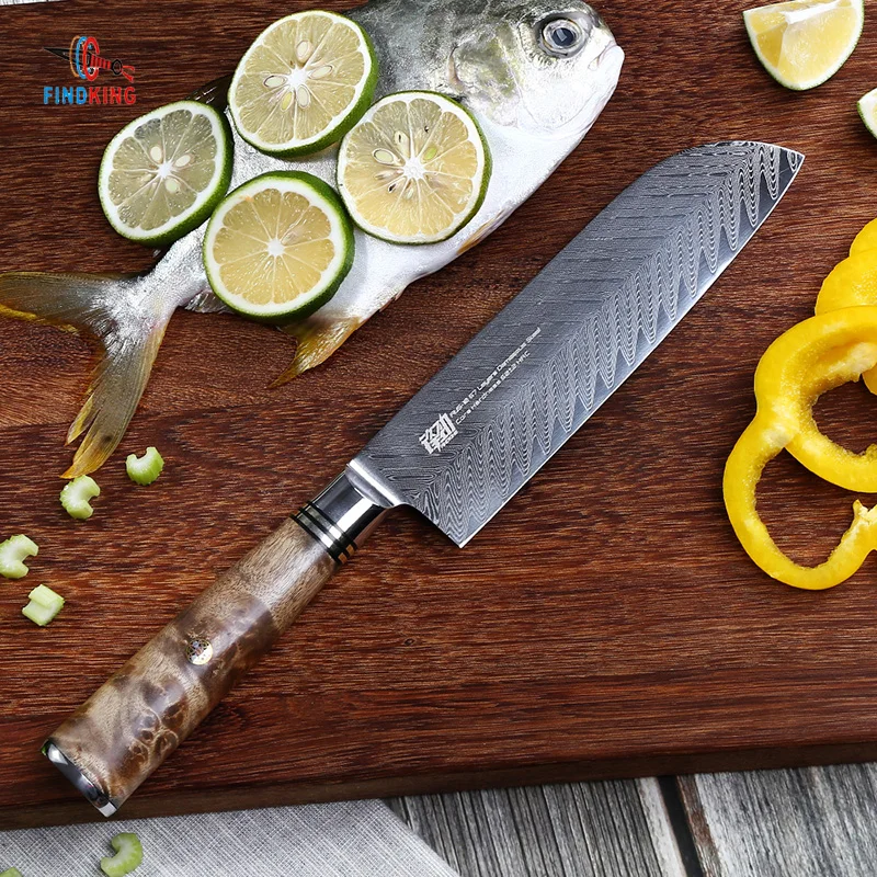 FINDKING AUS-10 damascus steel Sapele wood handle arrow pattern damascus knife 7 inch Santoku knife 67 layers kitchen knives