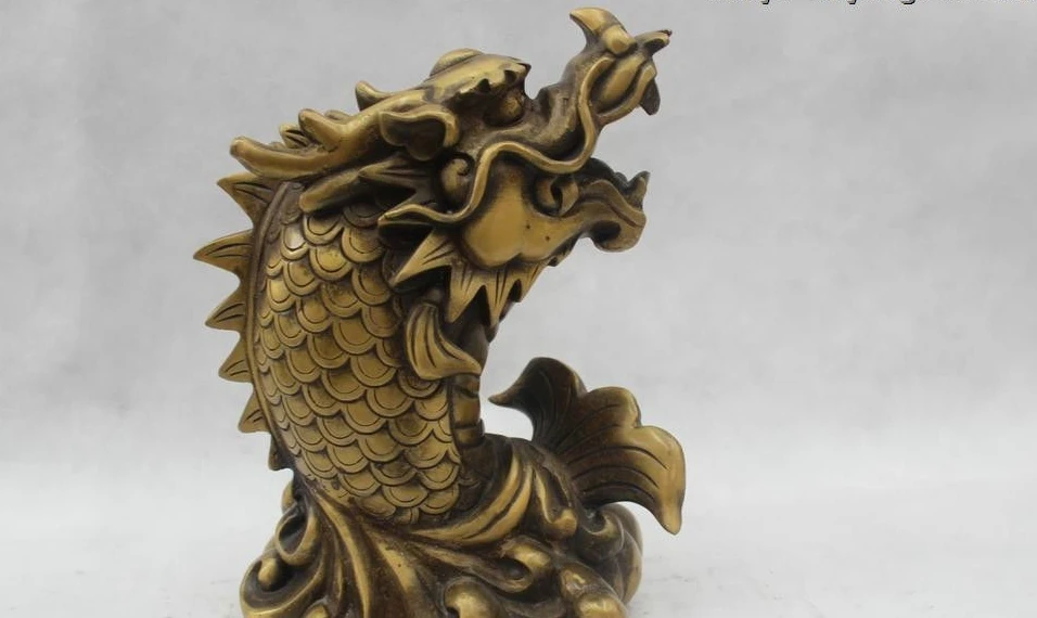 

11"China Folk Pure Bronze Lucky excellent Lifelike Dragon cyprinoid Statue