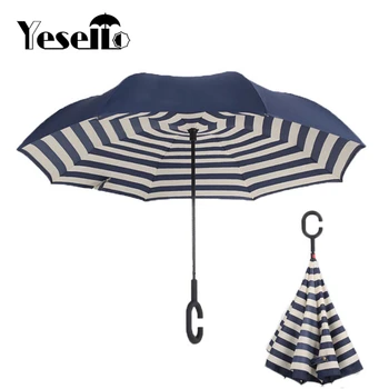 

Yesello Stripe Double Layer UV Proof and Windproof Inverted Rolling Over Umbrella C-Shaped Handle for Car rain women