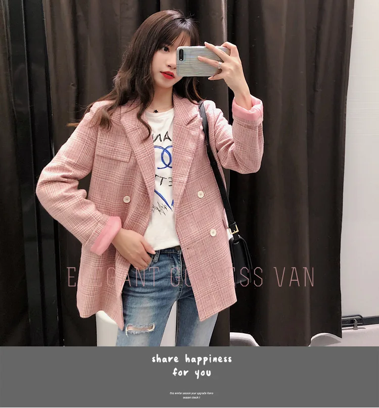 Корейский Весна и осень ins vintage pink plaid маленький пиджак женский корейских студентов короткая заметка Костюм Повседневный шик