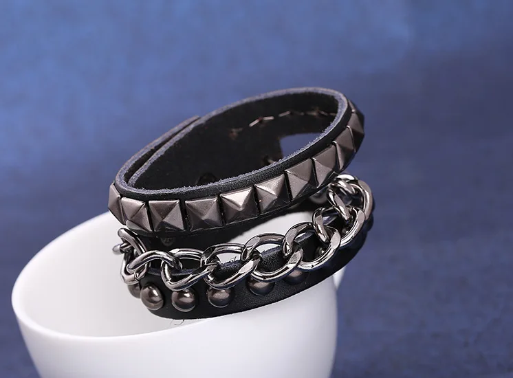 Панк готический рок черный кожаный браслет наручные браслеты заклепки-шипы цепи талисманы браслет для байкеров винтажные Модные женские мужские ювелирные изделия