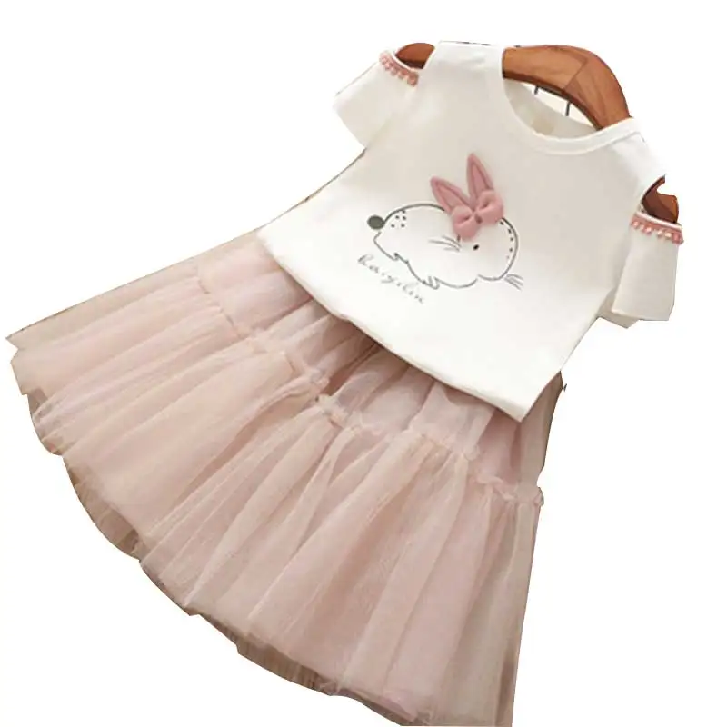 

Children's suit fashion new girls bunny strapless short-sleeved T+ fluffy skirt two-piece suit