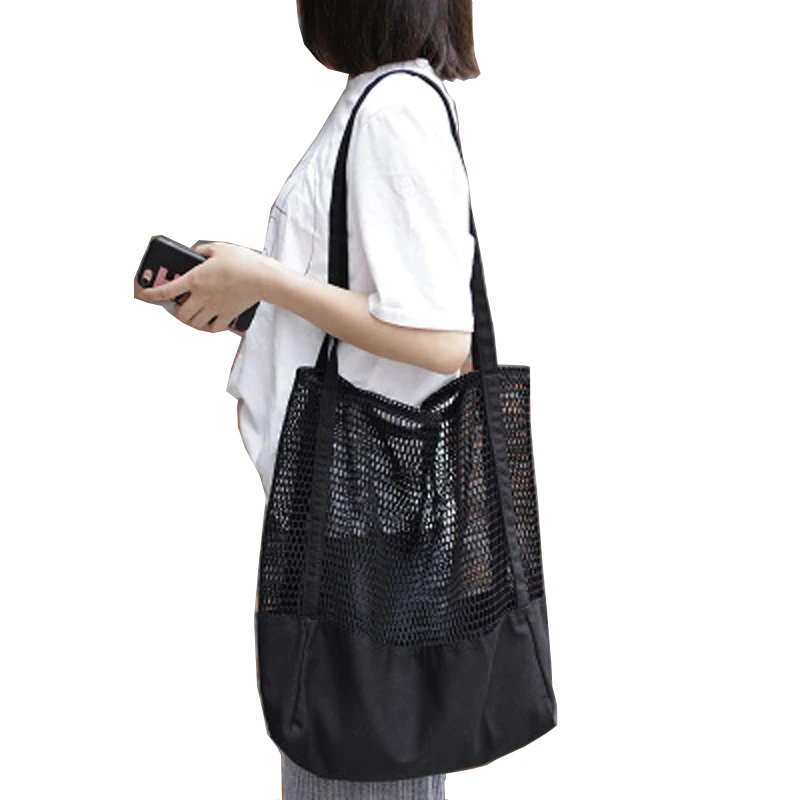 

Women's Foldable shopping bag designe Brand Net Bag Supermarket Reusable Shopping Bag Pure color Mesh Net Bag sac a main femme