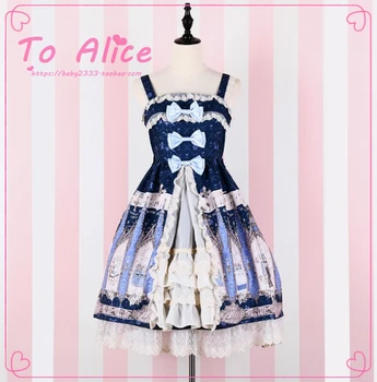 

New summer sweet Lolita Japanese style blue black Lovely printing girls princess dress lace bow sleeveless spaghetti strap dress
