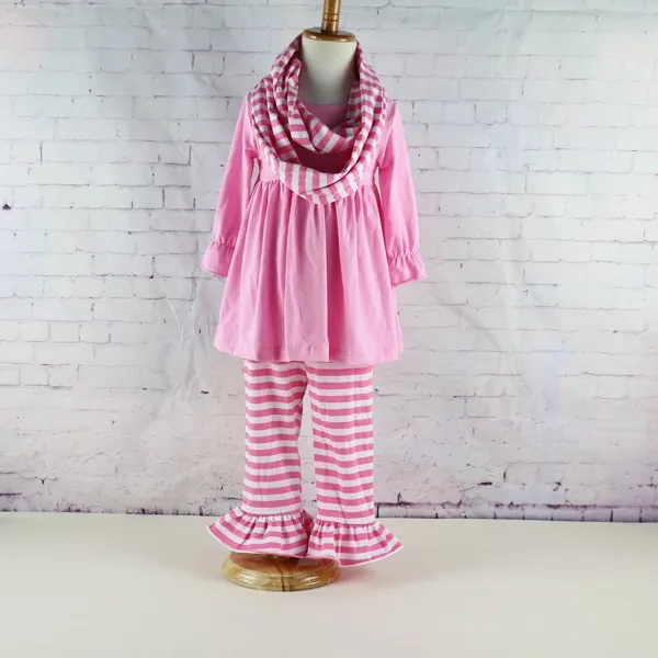 E-babe/, осенне-зимние комплекты с полосатым гофрированным платьем для маленьких девочек на Рождество шарф+ топ+ штаны, комплекты детской одежды
