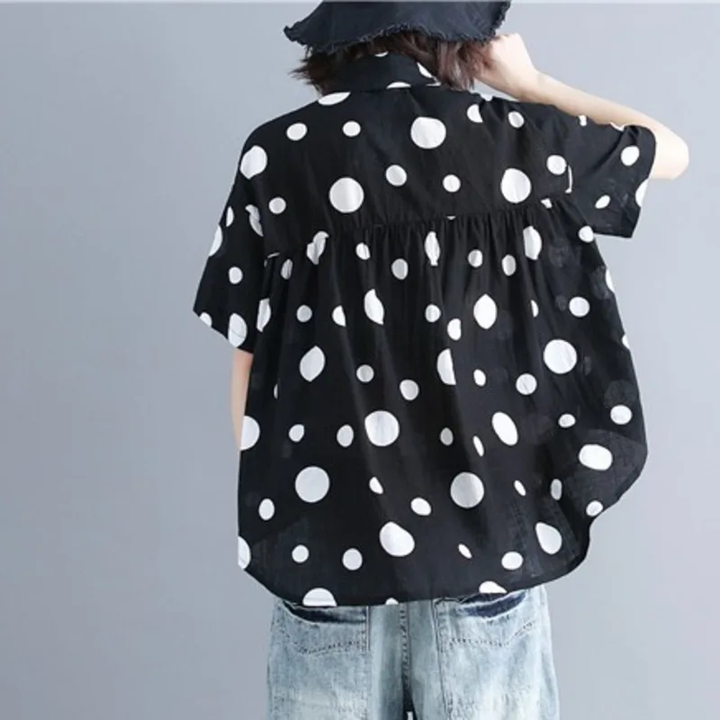 #5772 Summer Black Short Sleeve Shirt Korean Fashion Polka Dot Cotton Linen Shirt Women Large Size Top Femme Ruffle Blouse Tide #5772 Summer Black Short Sleeve Shirt Korean Fashion Polka Dot Cotton Linen Shirt Women Large Size Top Femme Ruffle Blouse Tide