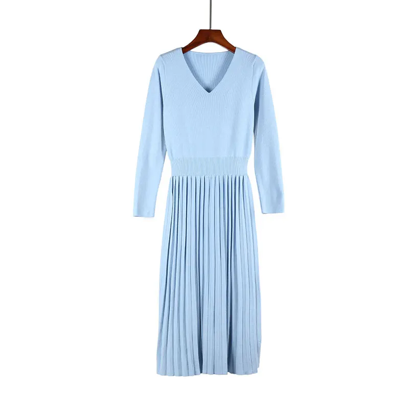 Huldra Модное Новое приталенное Плиссированное вязаное платье тонкое Дамское Платье - Цвет: Sky Blue