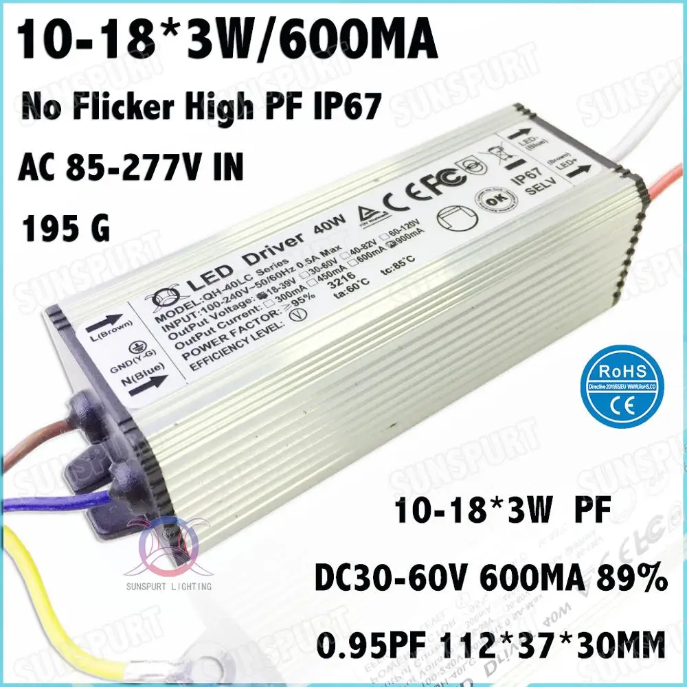 

3 Pcs No Flicker PFC IP67 40W AC85-277V LED Driver 10-18x3W 600mA DC30-60V Constant Current Power For Ceiling Lamp Free Shipping