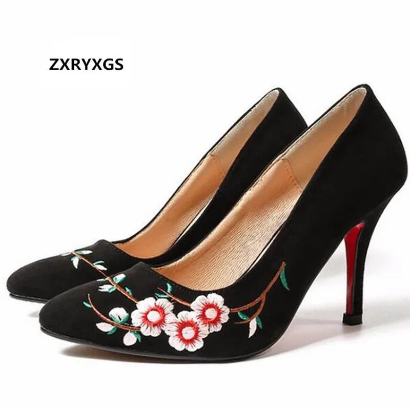 

Hot Selling Black Embroidered Women High Heel Shoes 2019 New Spring Women Shoes Elegant Fashion Pointed Women Pumps 7 Or 9 cm