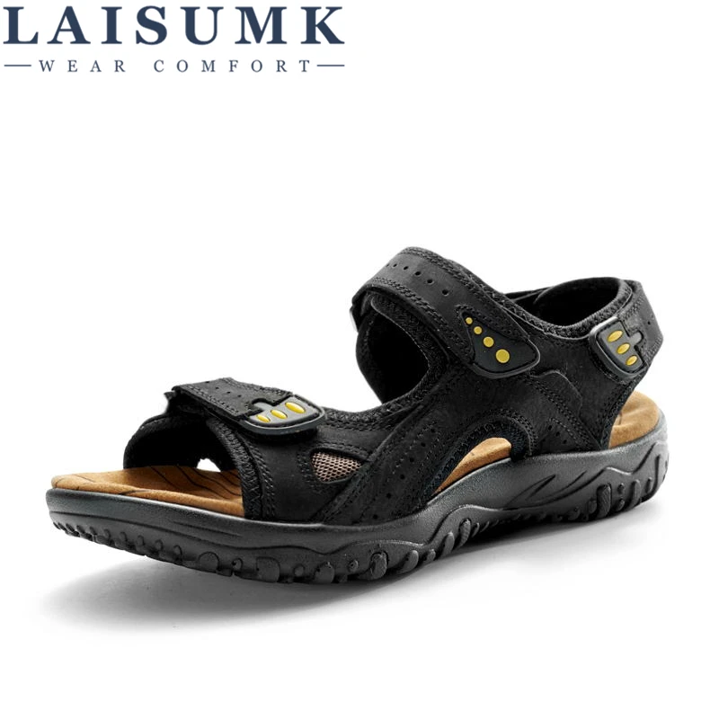 LAISUMK/повседневные мужские пляжные сандалии из натуральной кожи на плоской подошве; мужская обувь на мягкой подошве; сезон лето