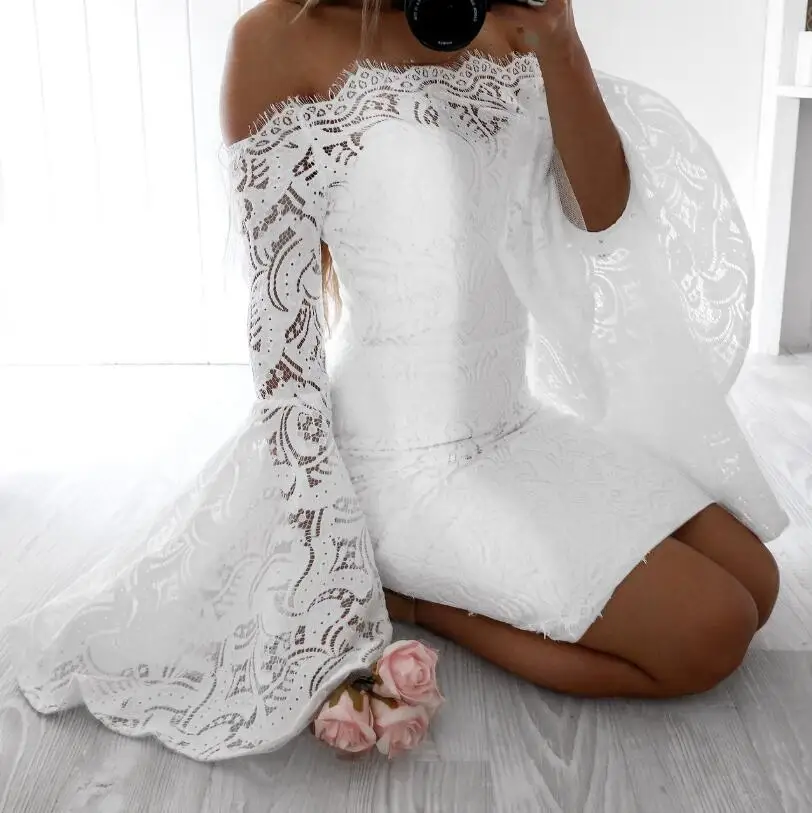 

With Open Shoulders Flare Sleeve Lace Dress Slash Neck With Long Sleeve Sheath Elegant Festive Dress Cotton Sexy Bodycon Dress