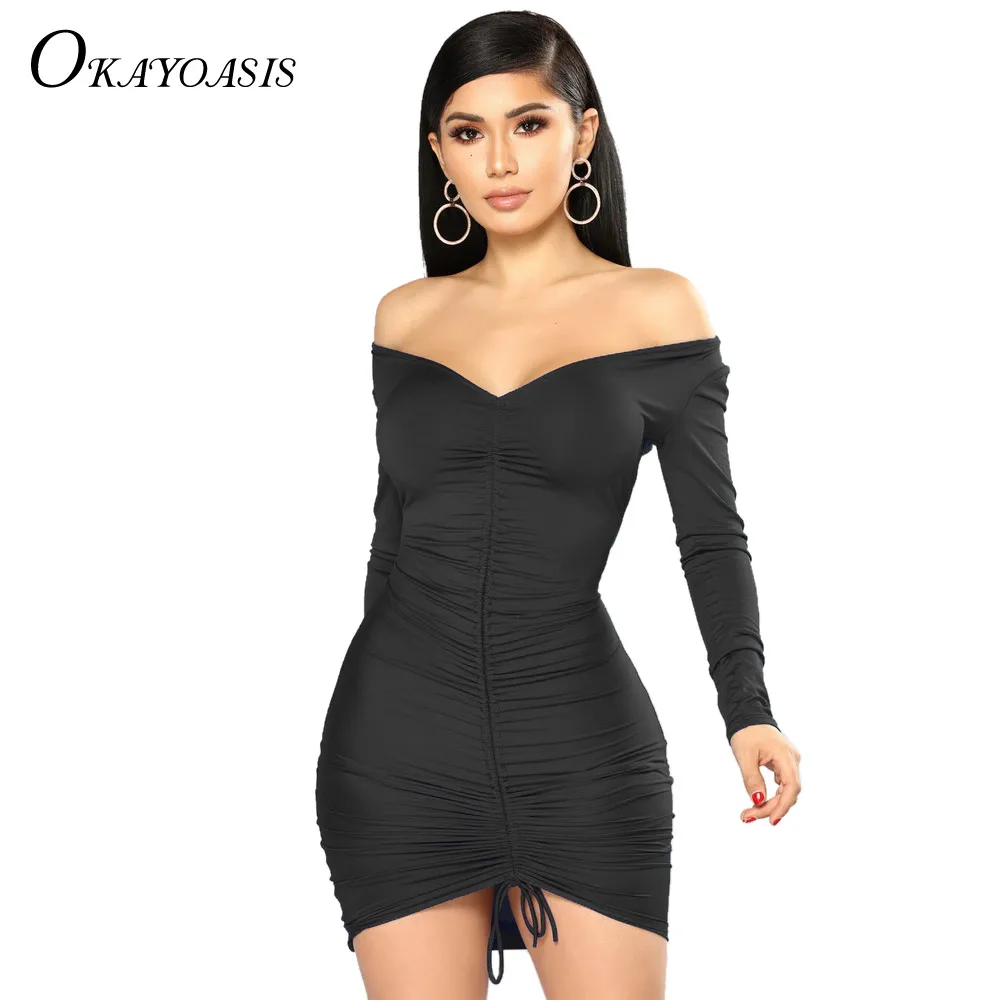 OKAYOASIS с открытыми плечами черный Зимний Bodycon платье Для женщин с длинным рукавом Элегантные Короткие вечерние клуб Осень Плиссированные