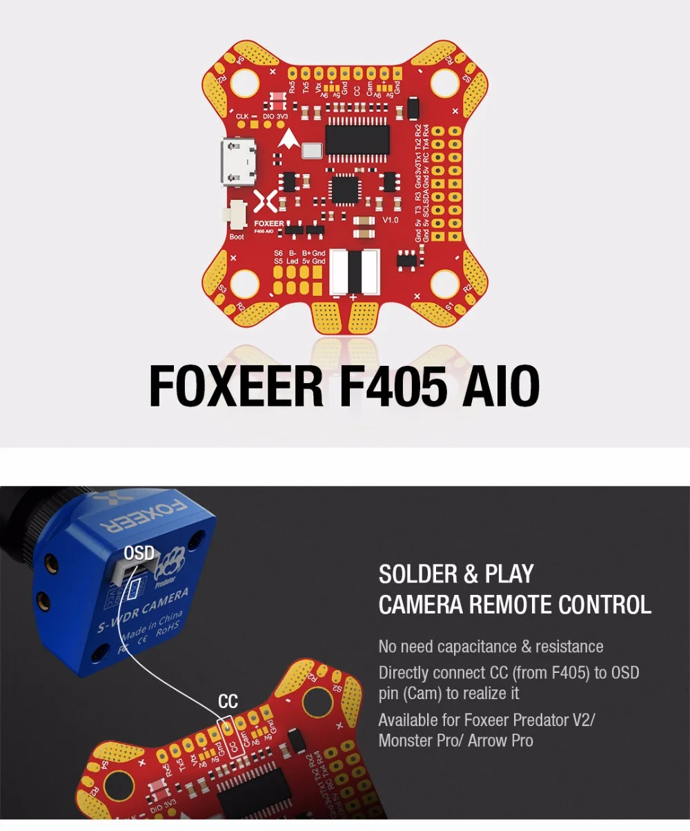 Foxeer F405 F4 AIO система управления полётом с диагональю экрана 3-6 S с Betaflight OSD/5C 2A BEC полета Управление доска для радиоуправляемого летательного аппарата FPV Фристайл Квадрокоптер