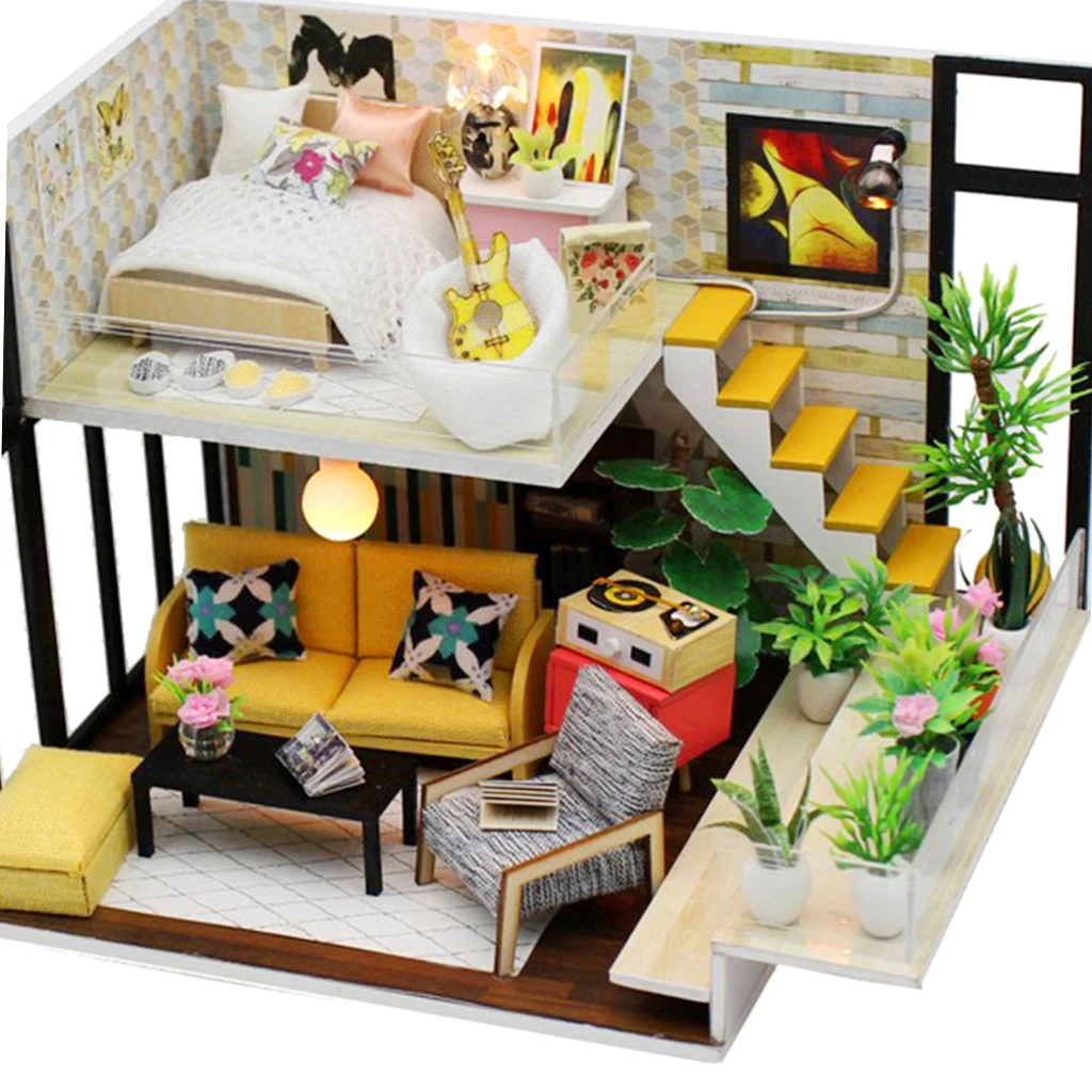 DIY Loft Apartments Dollhouse Wooden Furniture LED Kit Children Puzzle Toy Dollhouse Assemble Accessories