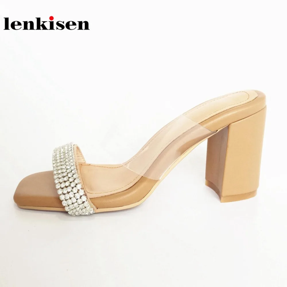 

Lenkisen kid suede new fashion transparent women sandals super high heels crystal decoration peep toe slip on summer shoes L38