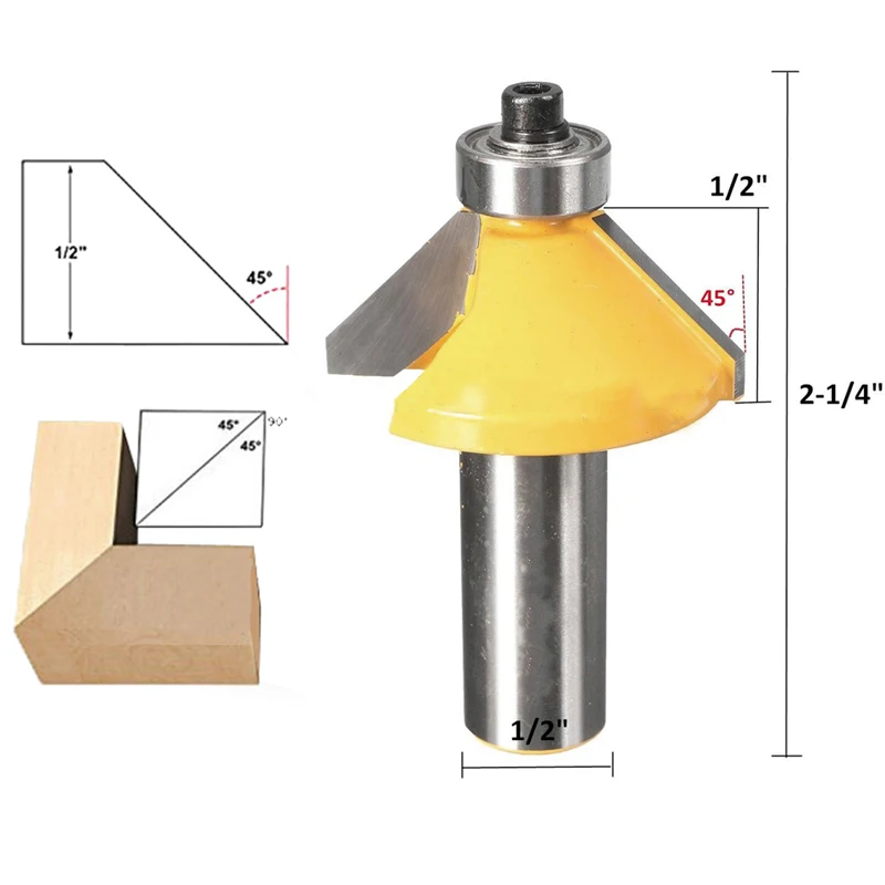 

45 Degree Chamfer & Bevel Edging Router Bit 1/2" Shank 2-1/4" Woodworking Tool
