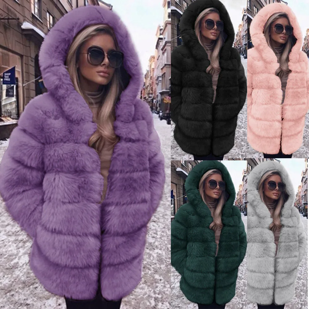 

Women Fashion Luxury Faux Fur Coat Hooded Autumn Winter Warm Overcoat lady hooded faux fur Coat Pockets Outerwear 2019 New hot