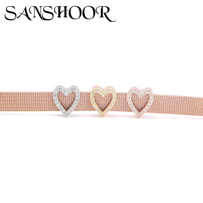 

SANSHOOR Jewelry Crystal Pave Hollow Heart Slide Charms Keeper Fit 10mm Stainless Steel Mesh Bracelet for DIY Accessories Making
