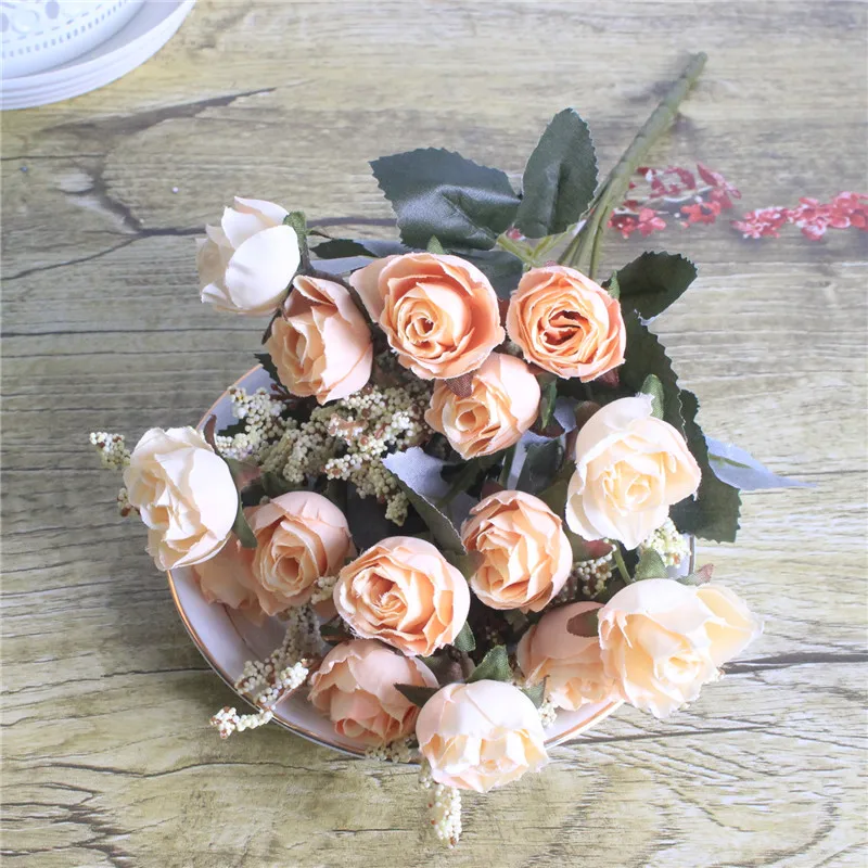 Роспись Маслом роза Искусственные цветы букет для дома свадебное украшение идеальное качество Шелковый Искусственный цветок вечерние Декор 15 голов - Цвет: Champagne