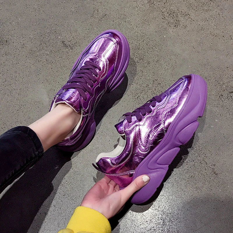

New Fashion Women Shoes Ladies Casual Shoes High Platform Female Sport Sliver Purple Patent Leather Sneakers QDD-35