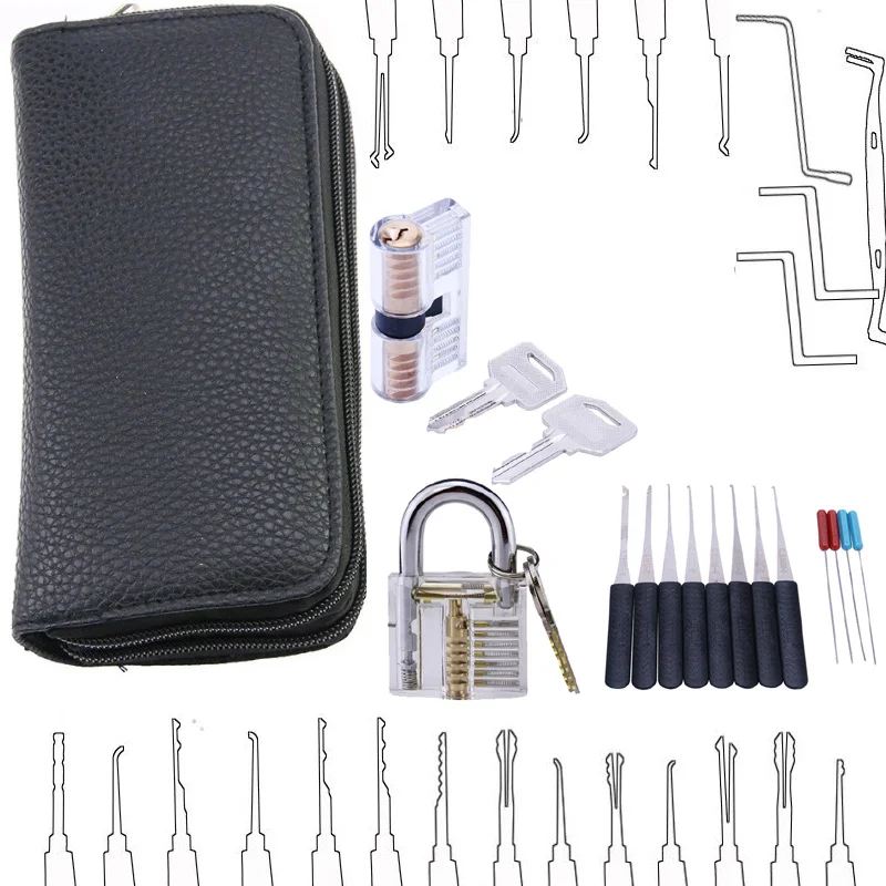 

24PCS Set Locksmith Hand Tools Lock Pick Set Transparent Visible Cutaway Practice Padlock With Broken Key Removing Hooks S