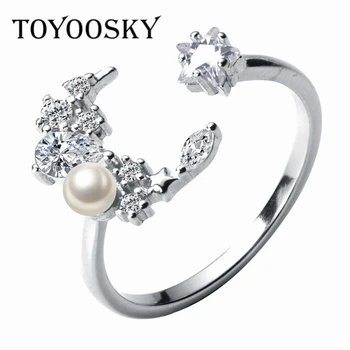 

925 Sterling Silver Shell Pearl Open Finger Ring with CZ Lovely Moon Star Adjustable Rings Women Young Girl Child Gifts