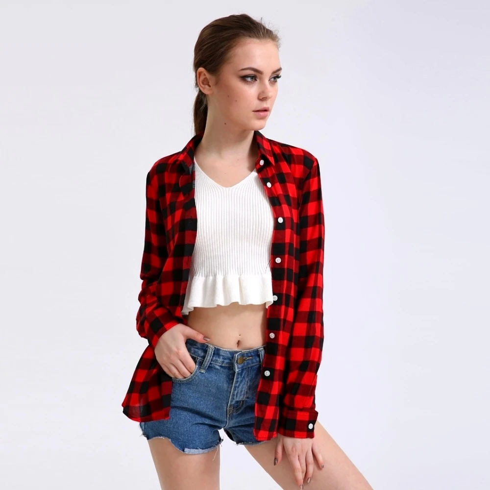 Классические клетчатые рубашки Dioufond женские хлопковые топы модные блузы красные