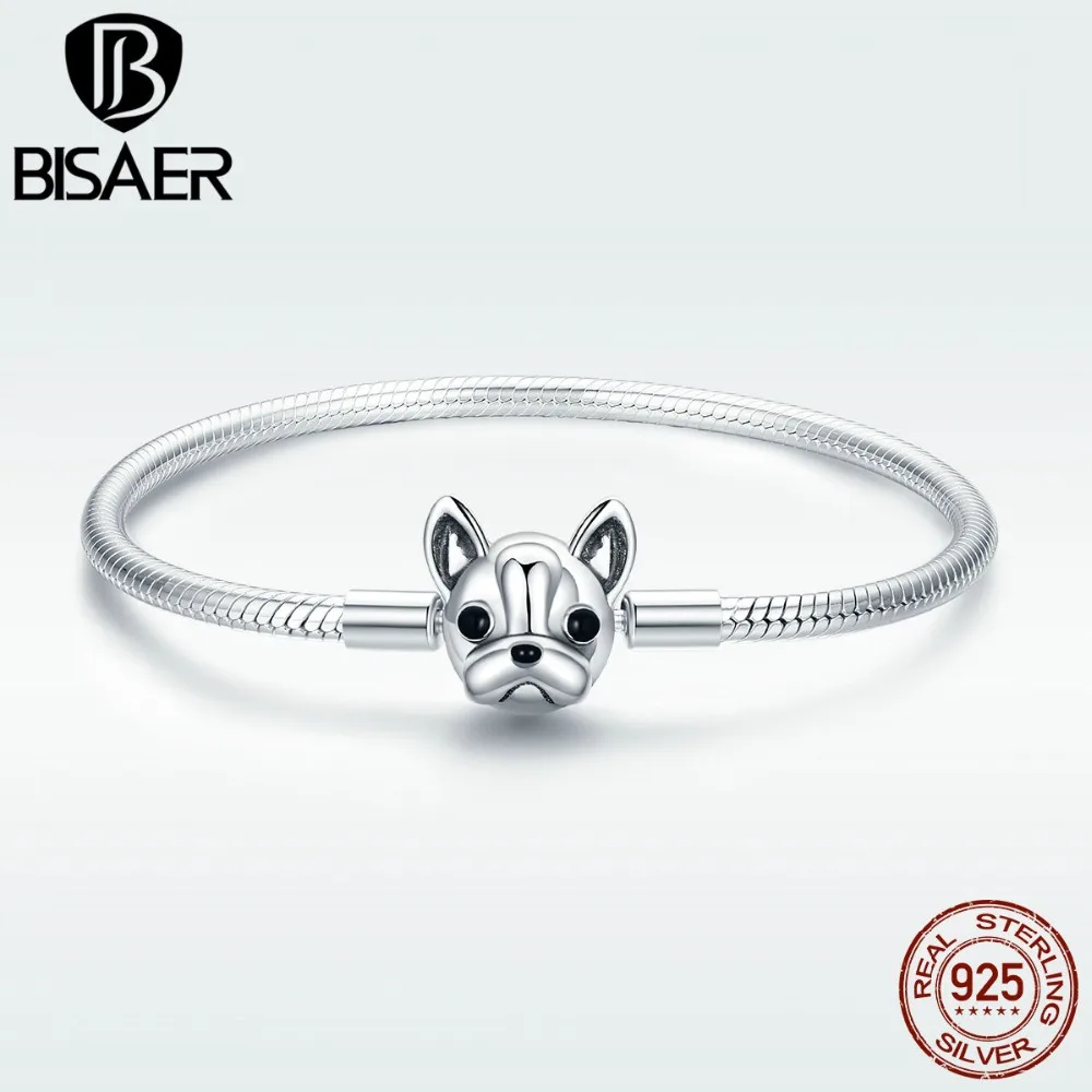 

BISAER Genuine 925 Sterling Silver Hot Sale Cute French Bulldog Silver Snake Bracelet For Original Brand Charm Bead HSB075