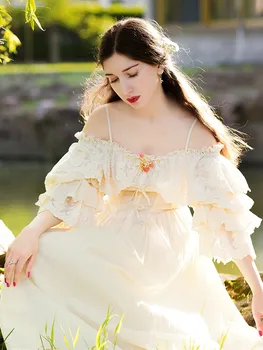 

OriginalDesign Summer 100%Cotton Long Maxi Dress Women Vintage Royal Sexy Embroidery Lace apricot Maxi Dress vestidos mujer robe
