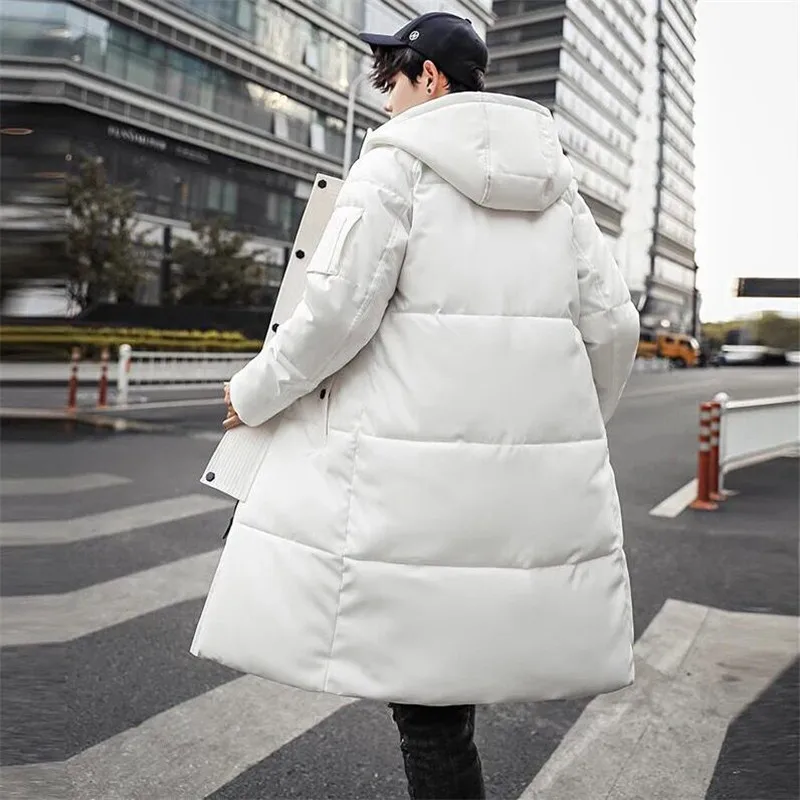 

Autumn Winter Warm Hooded coat Thicked winter Men Slim Korean Long jackets pure Color Casual Parkas Outwears With Buttons 2019