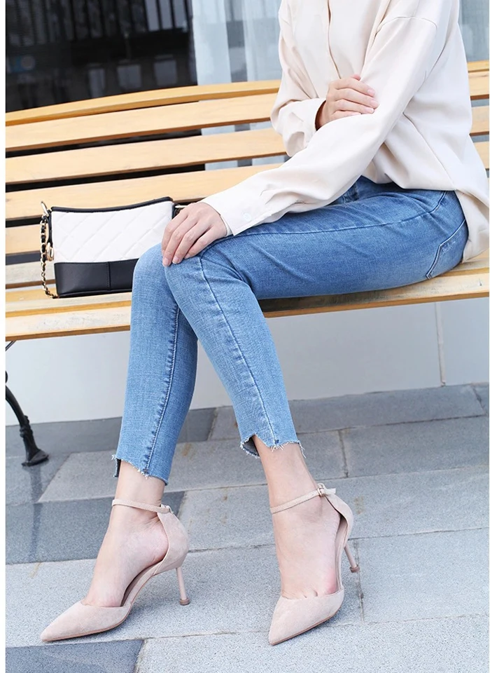 

HEE GRAND Women Shoes Fashion Buckle Strap Thin-heeled Pumps Summer 2019 New Casual Flock Pointed Toe Dress Shoes 8 cm WXG672