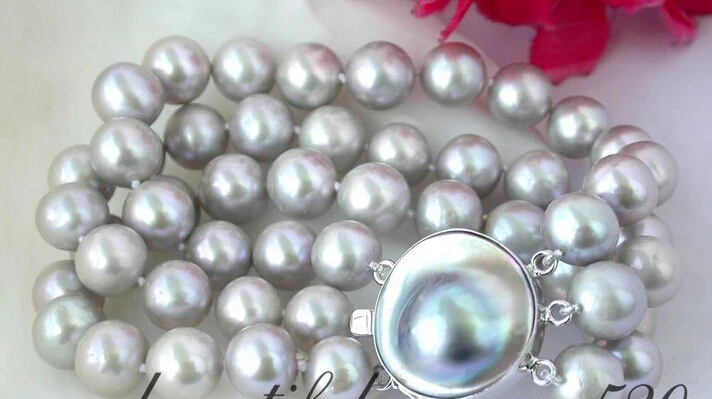 

>Z2364 GREAT 3strands 8" 11mm round gray freshwater pearl bracelet silve