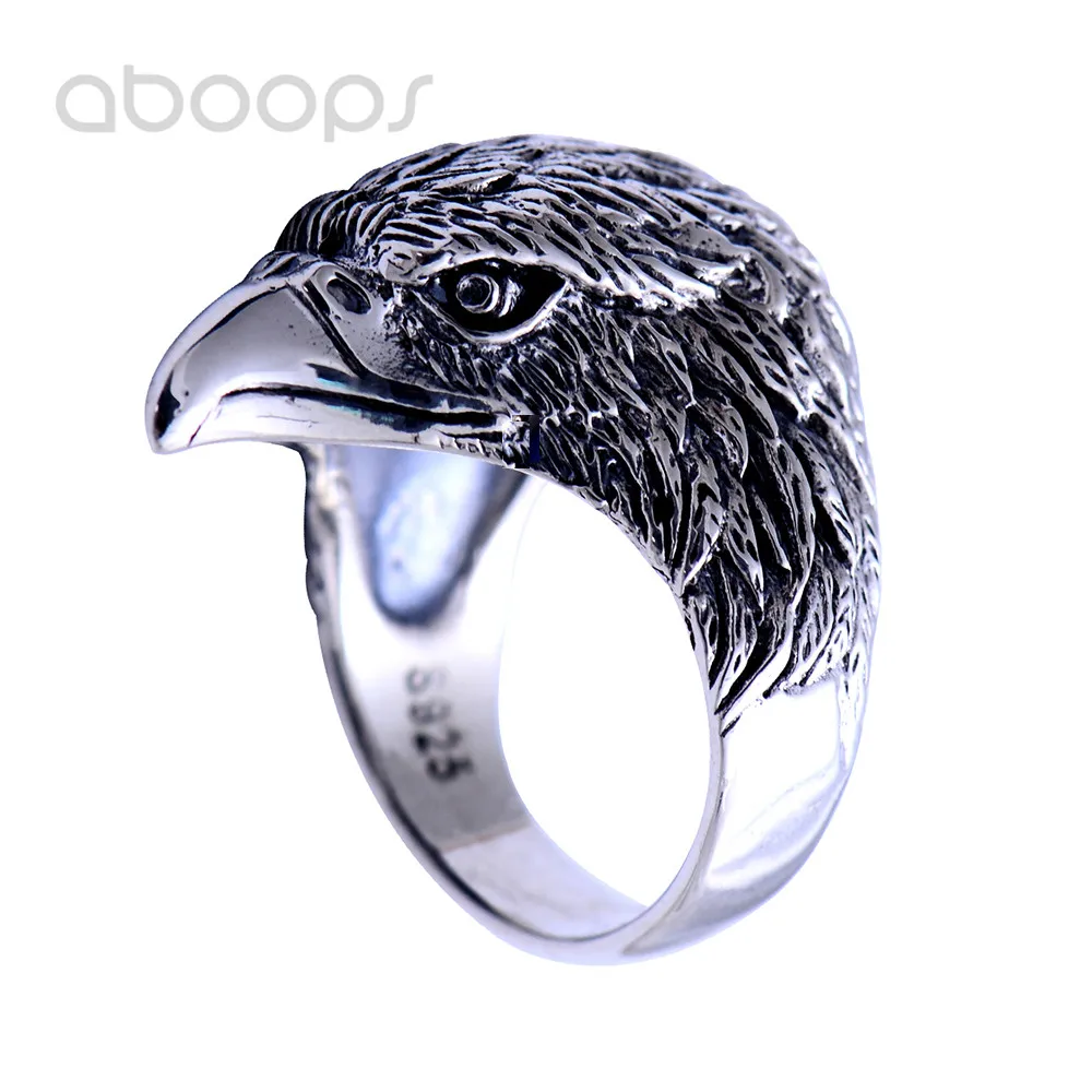 Keren Hitam 925 Sterling Silver Elang Kepala Cincin Perhiasan Antik