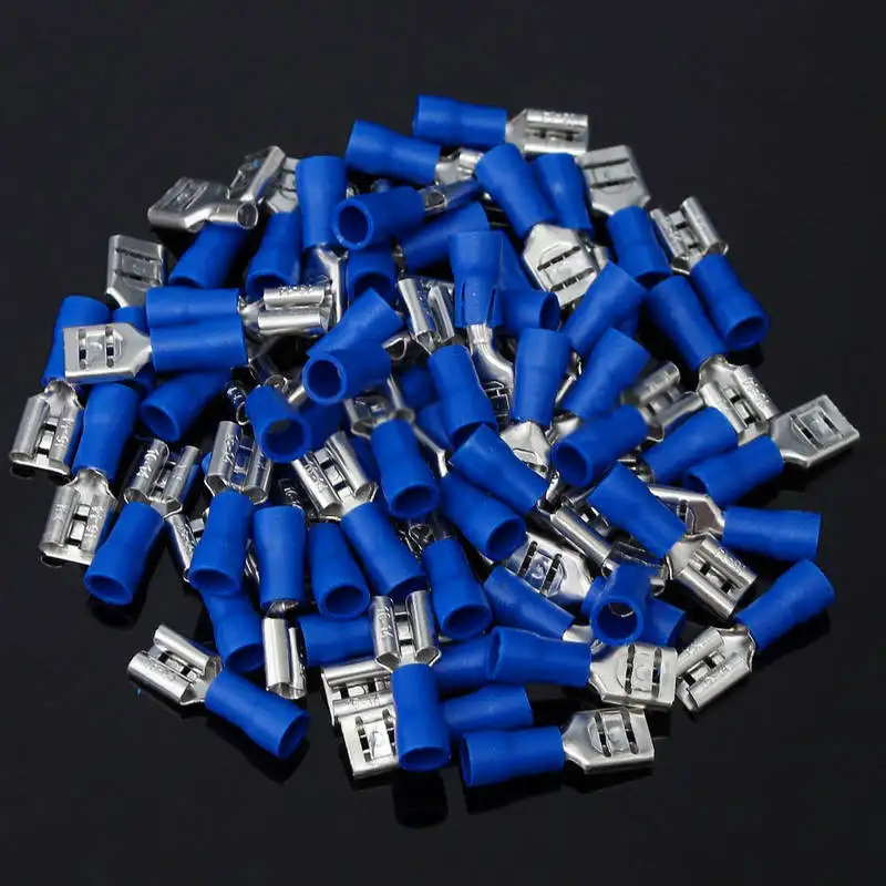 

100pcs Female Spade Terminal Blue 6.3mm Female Spade Insulated 16-14AWG Wire Crimp Terminals Connector