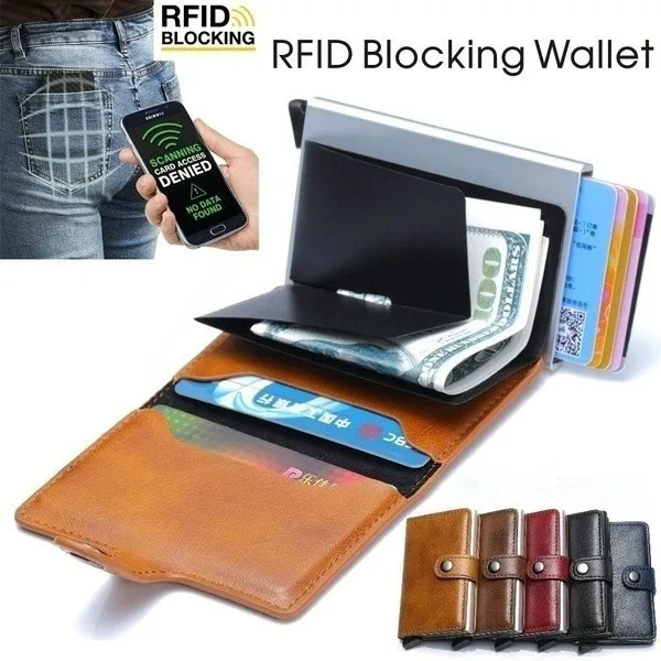 1pc RFID Protection Leather Slim Money Clip Front Pocket Wallet Thin Holder Credit Card Wallets Card package Double metal boxes