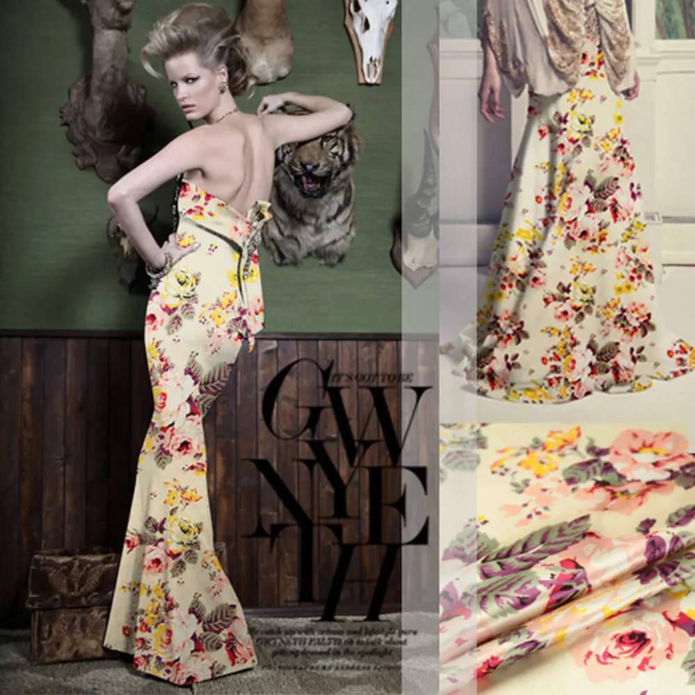 

100% Mulberry silk digital printed heavy silk elastic satin fabrics for silk dress